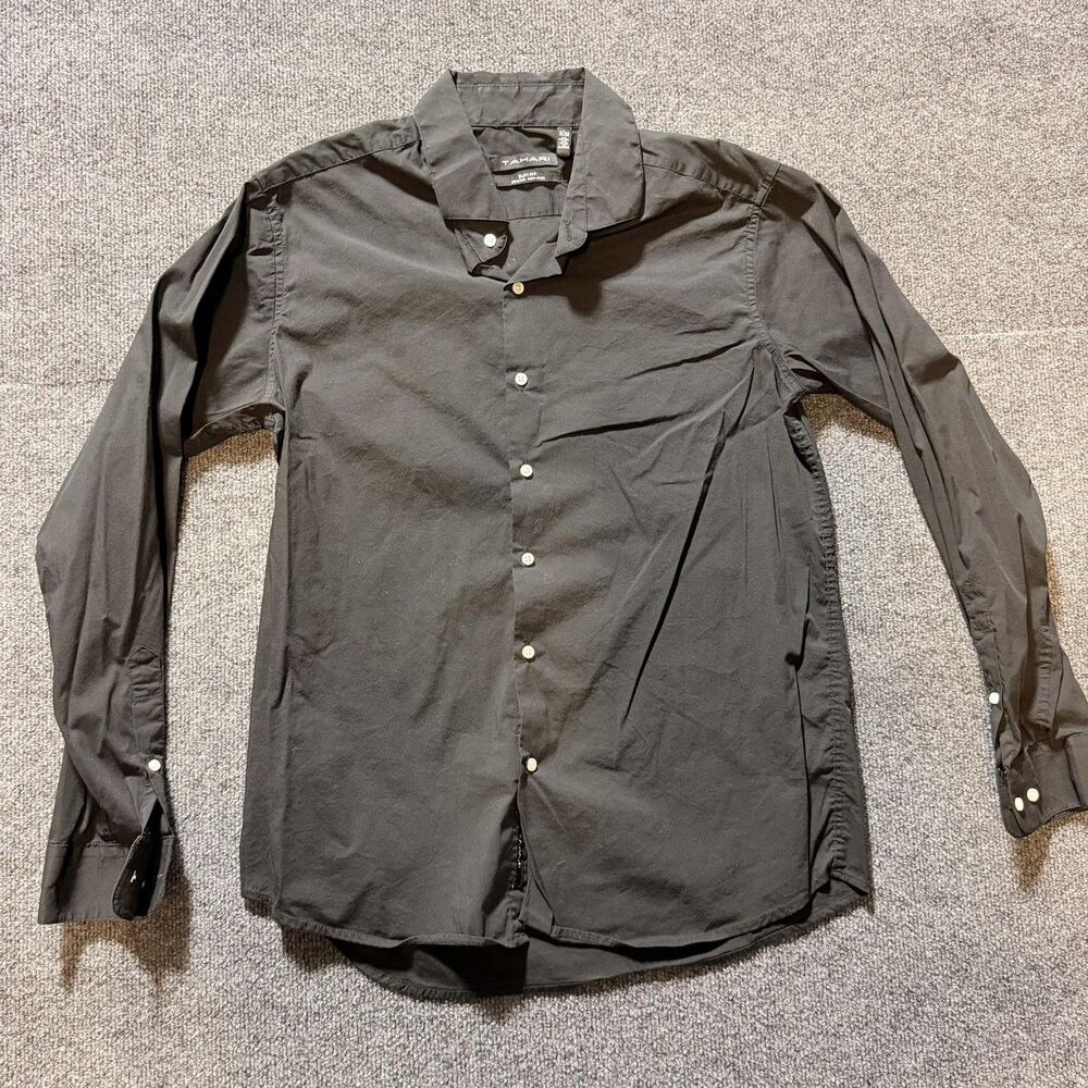 Tahari Dress Shirt Mens 16.5 34/35 Black Solid Slim Fit Stretch Non Iron LS